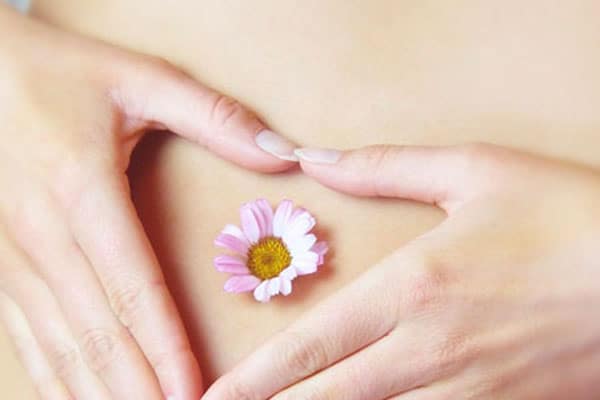 Una flor en el vientre de una mujer, rodeada por sus manos