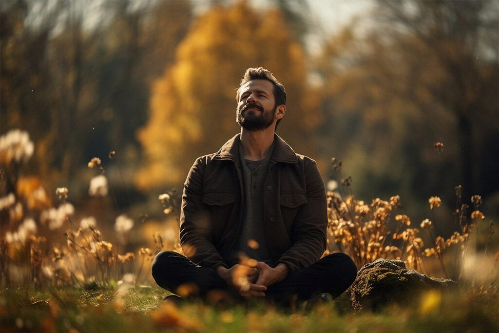 Un hombre practicando técnicas de mindfulness desde cero en la naturaleza