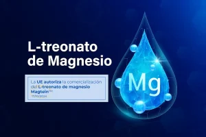 Representación de la estructura molecular del L-treonato de magnesio con destellos luminosos simbolizando mejoras en la función cerebral.