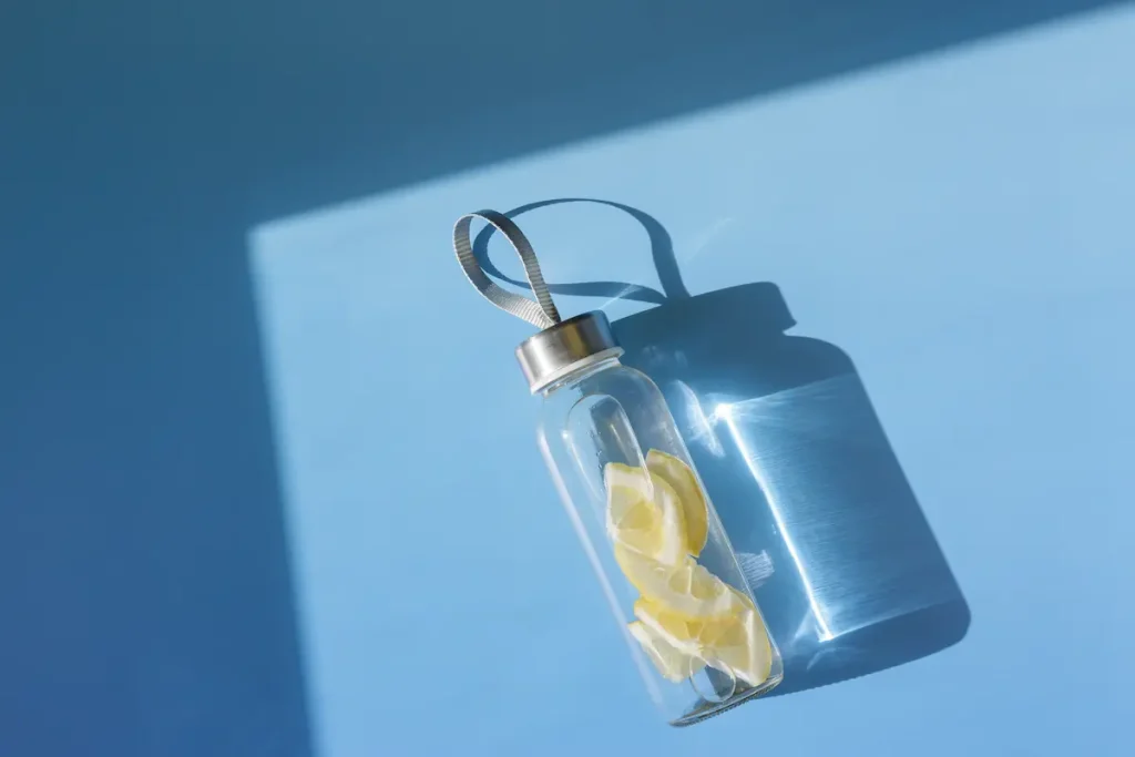 Botella de vidrio con agua y rodajas de limón, proyectando una sombra en un fondo azul claro iluminado por el sol.