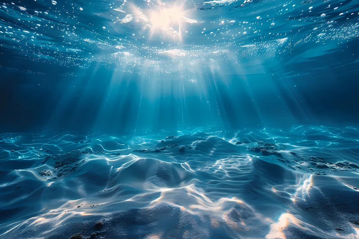 Rayos de luz solar filtrándose bajo la superficie del océano, iluminando el agua estructurada con reflejos vibrantes.